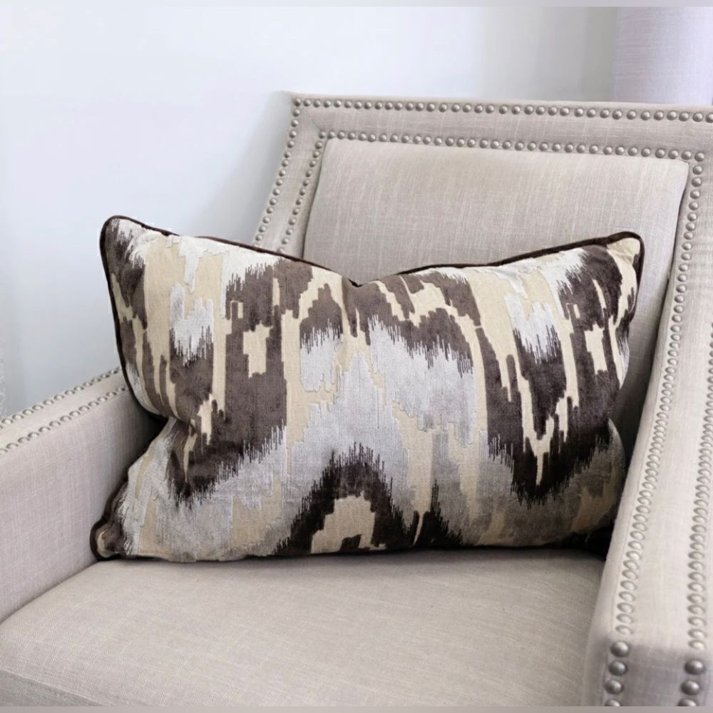 Rodeo Home Diamo chocolate Ikat Cut Velvet Design feather lumbar pillow